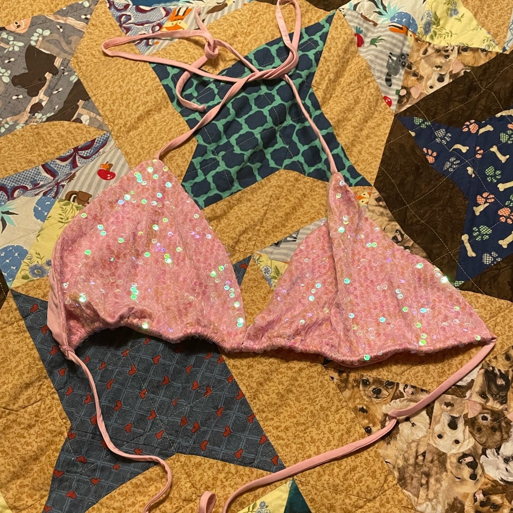 Pink sequin designer swim top